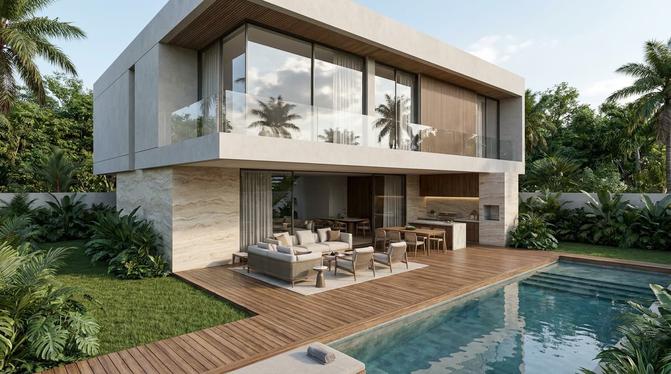 Casa contemporânea com deck de madeira, piscina e área gourmet integrada ao jardim